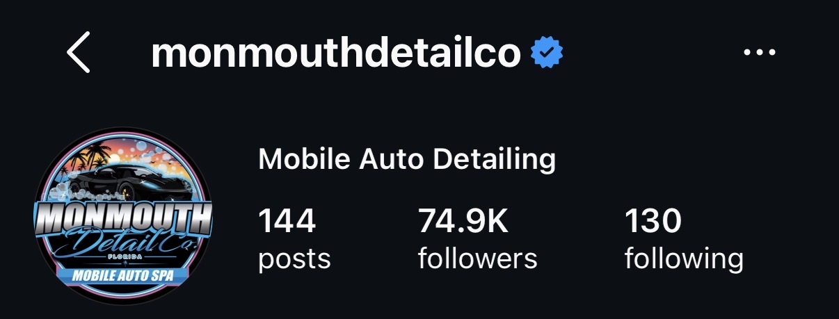 @monmouthdetailco verified Instagram profile — Monmouth Detail Co mobile auto detailing, 74.9K followers