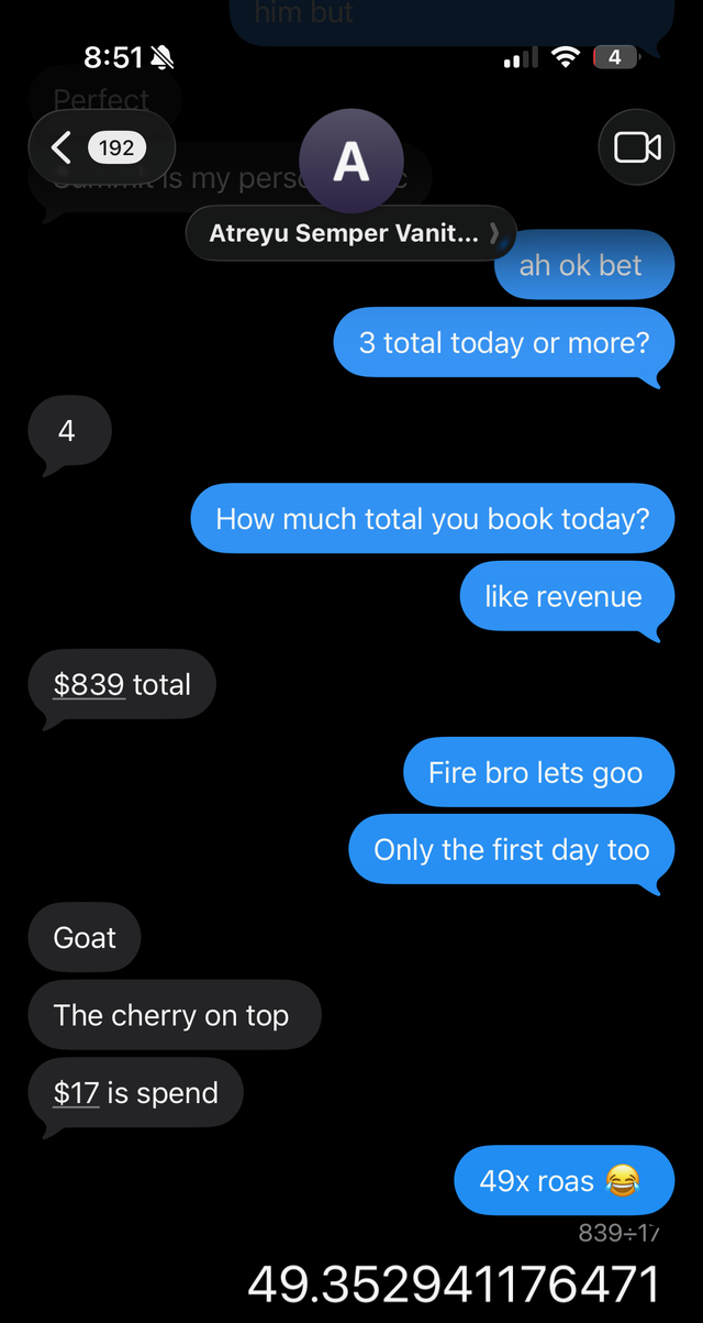 Text from Semper Vanity Detailing: 4 jobs and $839 booked on $17 of ad spend on day one
