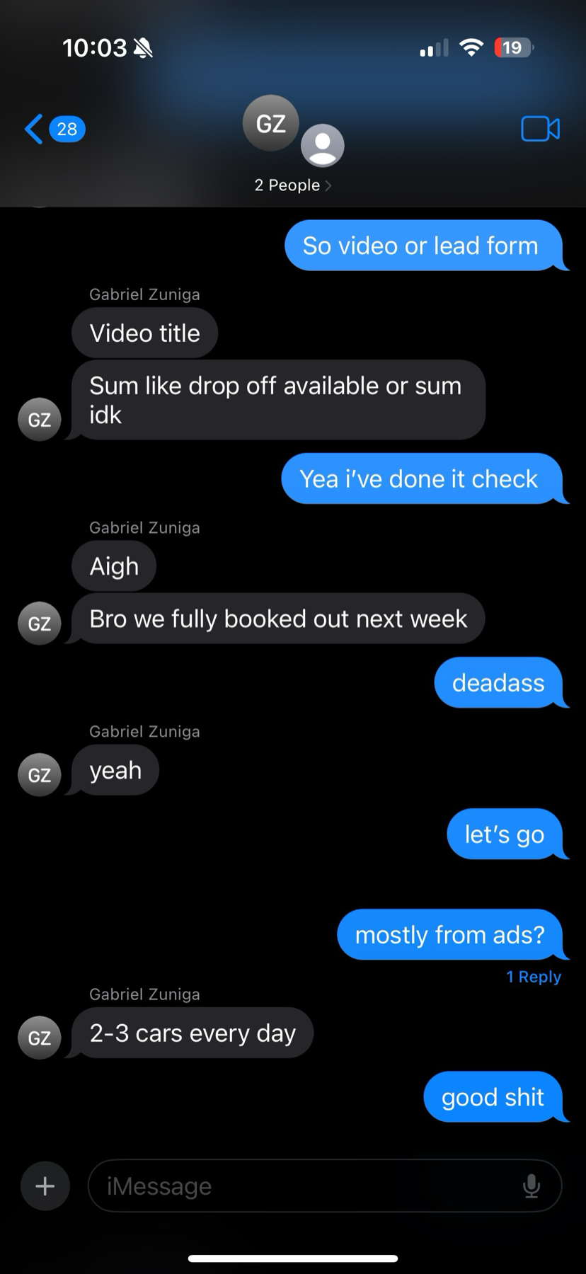 Text from Shine Auto Detailing: fully booked out next week, 2 to 3 cars every day from ads