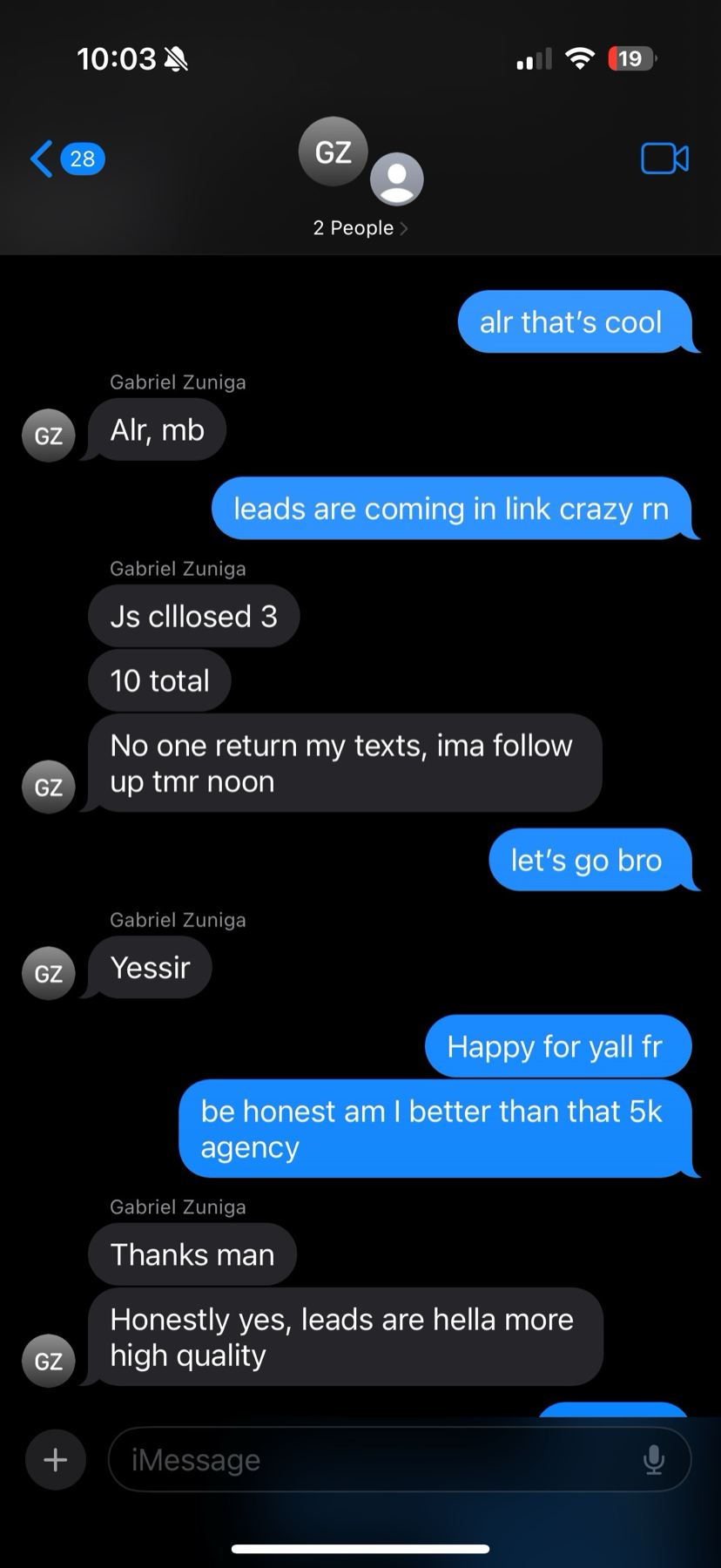Text from Shine Auto Detailing: closed 3 of 10 leads, leads are higher quality, better than that 5k agency