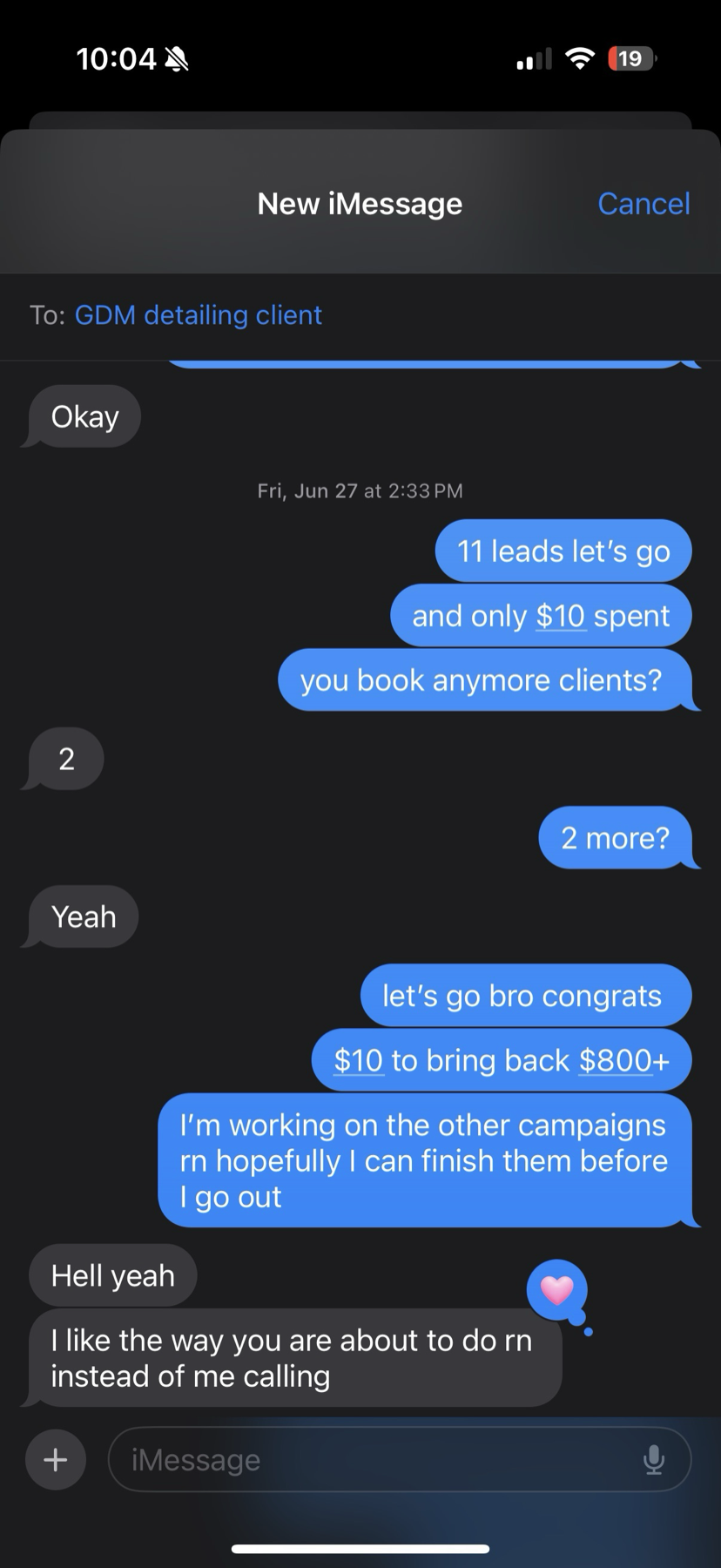 Text from GDM Detailing: 11 leads for only $10 spent, booked over $800