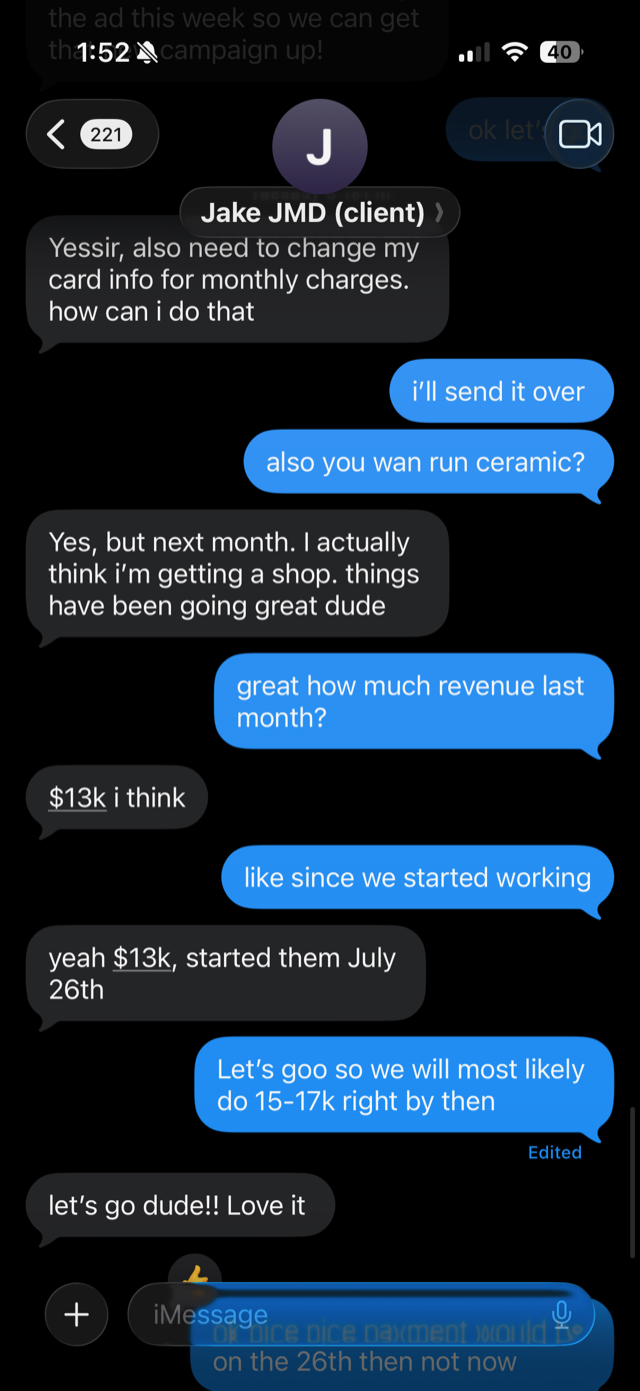Text from JMD Detailing: 13k in revenue since the ads started July 26th, now looking at getting a shop
