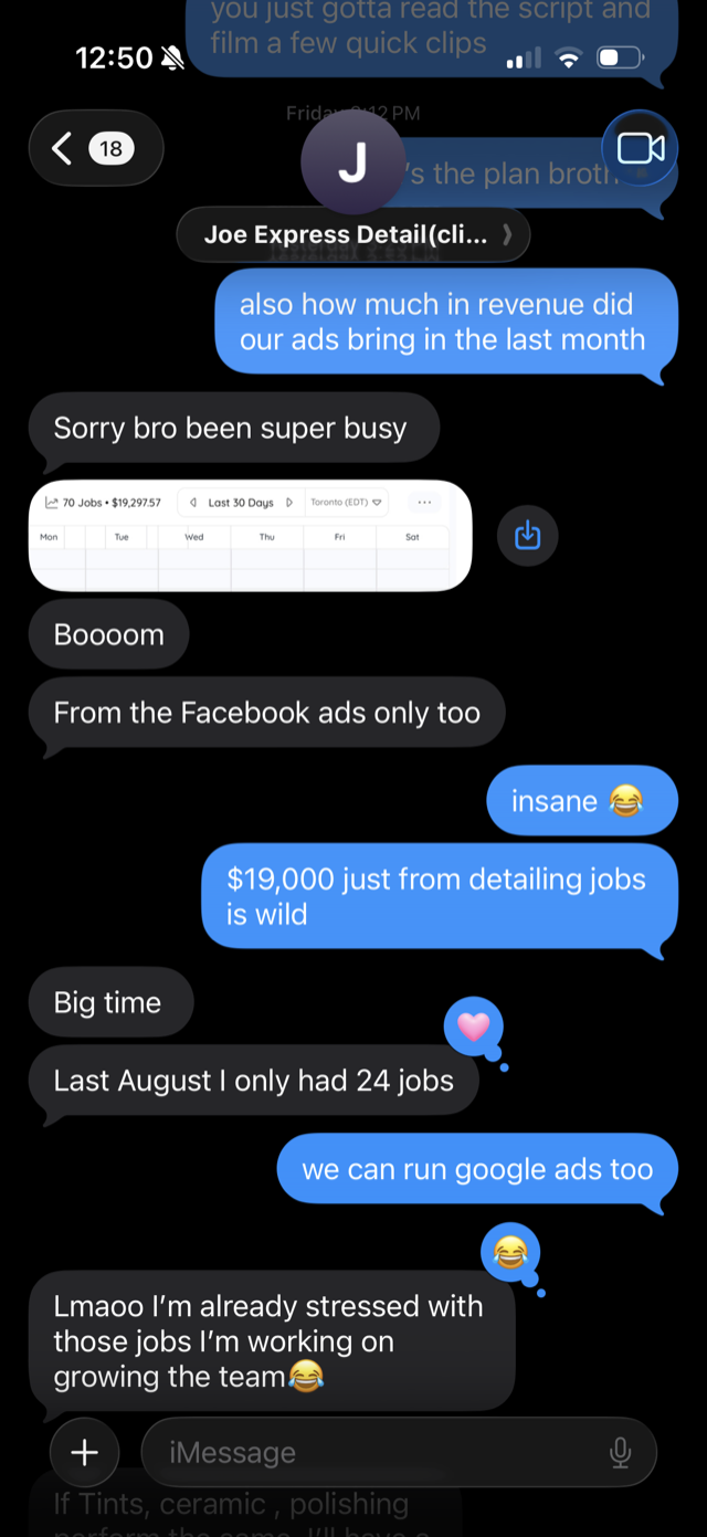 Text from Joe Express Detailing: 70 jobs and $19,297 in the last 30 days from the Facebook ads alone, up from 24 jobs the same month last year