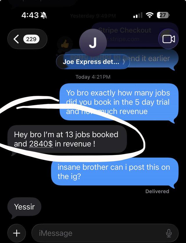 Text from Joe Express Detailing: 13 jobs booked and $2,840 in revenue in his first 5 days