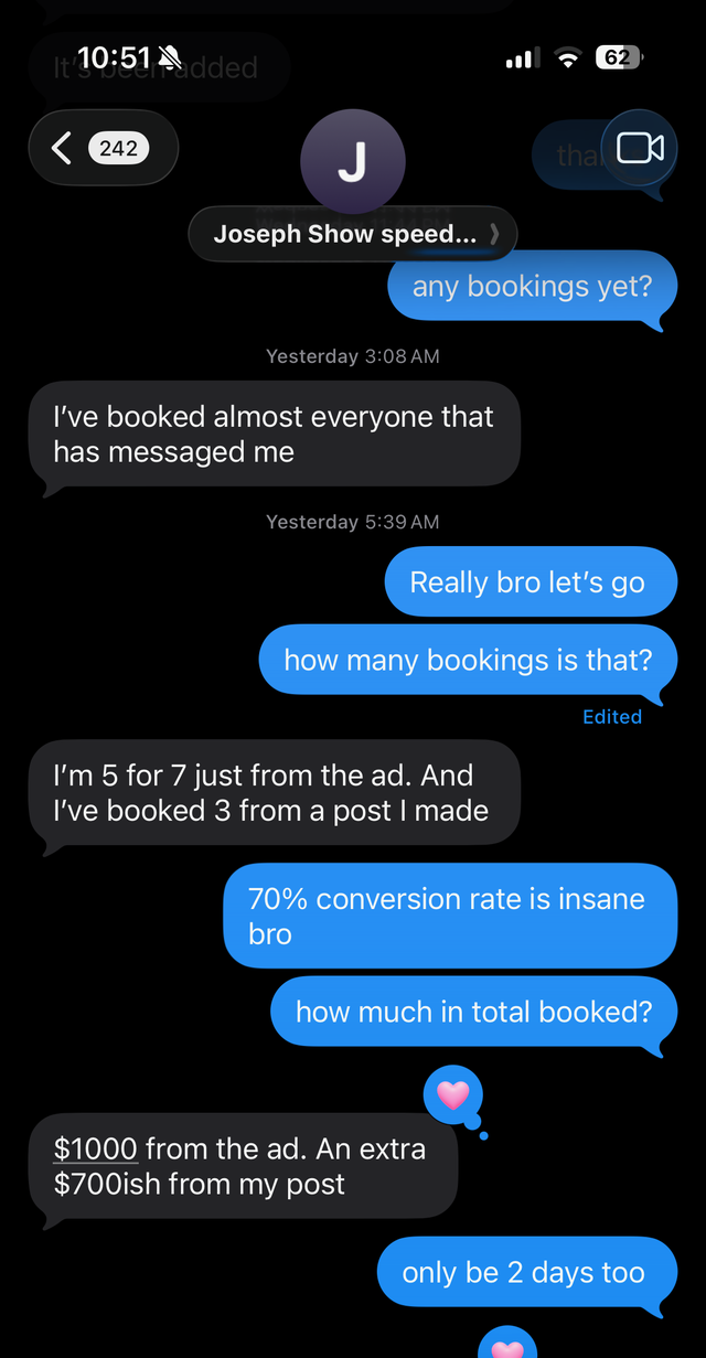 Text from Show Speed Detailing: booked 5 of 7 leads from the ad, $1,000 booked in 2 days