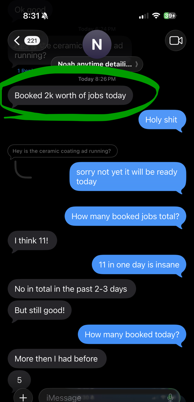 Text from Noah at Anytime Detailing: booked $2k worth of jobs today, 11 booked jobs in 2-3 days