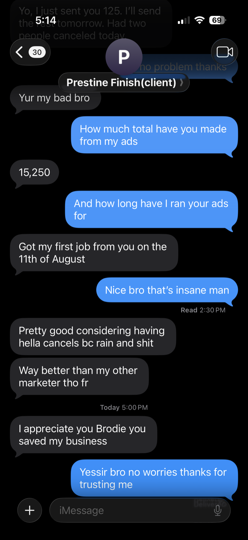 Text from Prestine Finish: made $15,250 total from the ads, you saved my business
