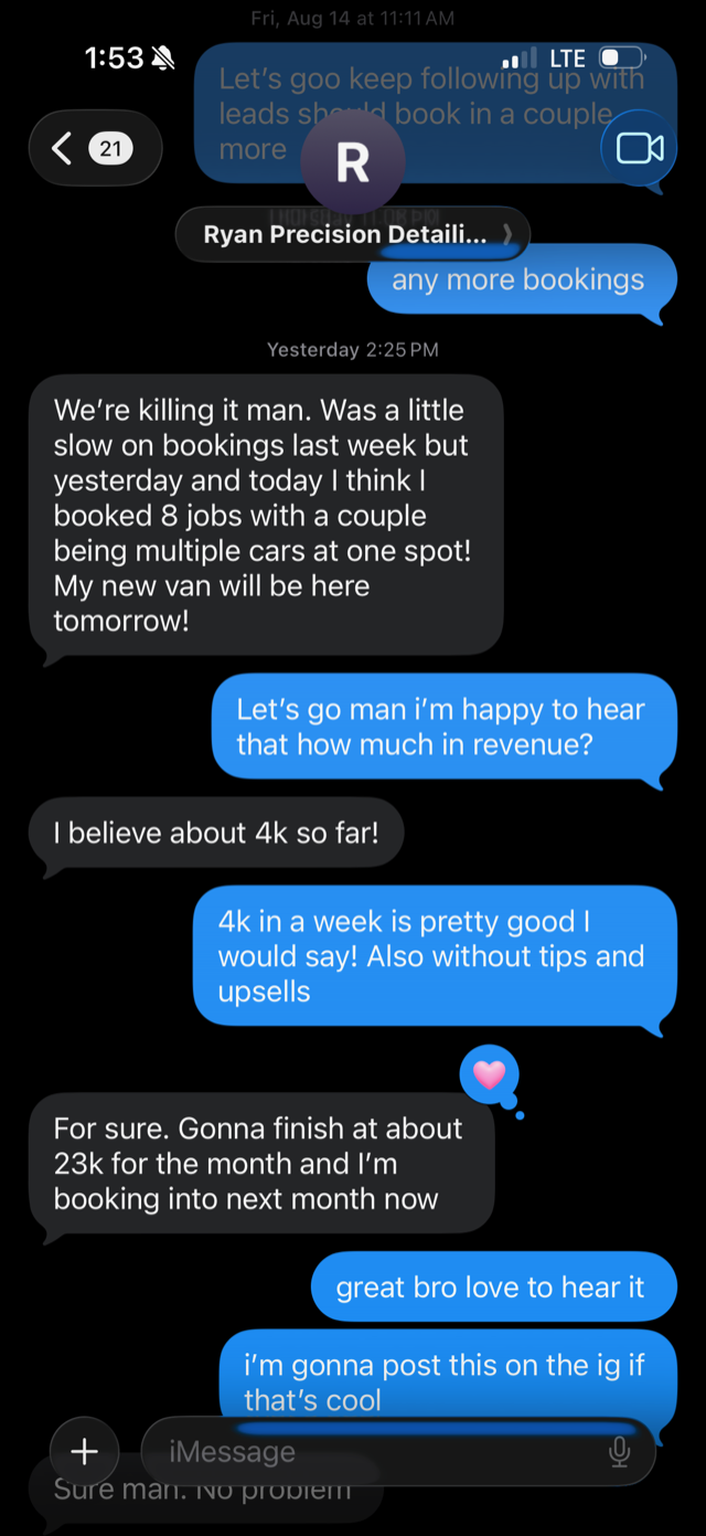 Text from Ryan Precision Detailing: booked 8 jobs in two days, about 4k so far, finishing around 23k for the month and booking into next month