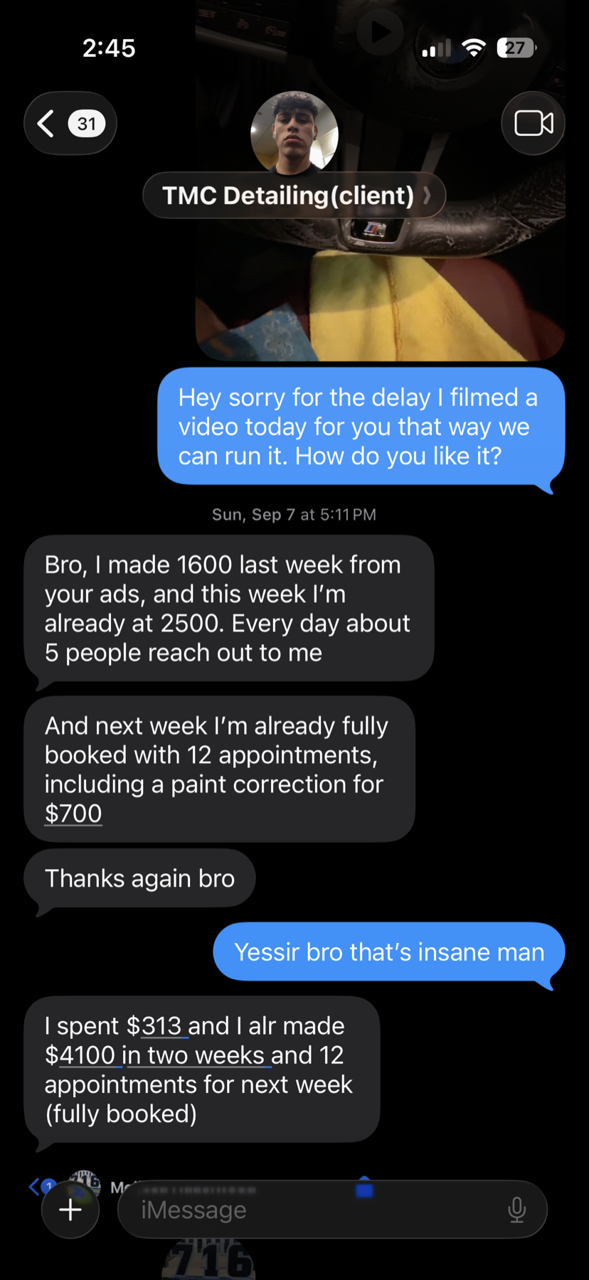 Text from TMC Detailing: made $1,600 last week, $2,500 this week, fully booked with 12 appointments