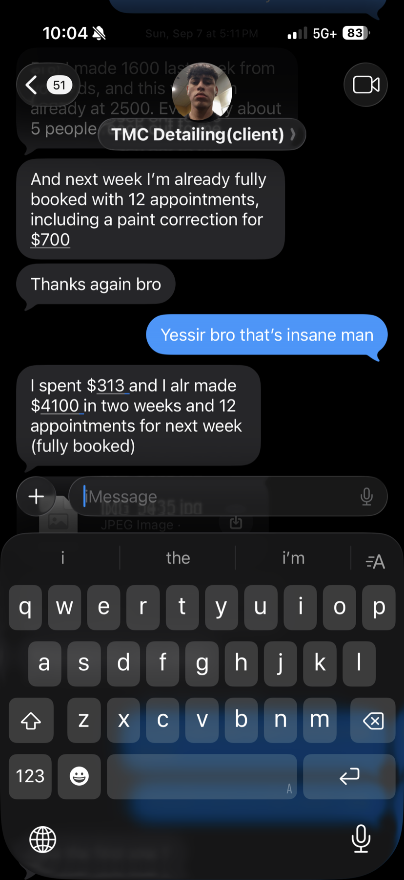 Text from TMC Detailing: spent $313 and made $4,100 in two weeks, 12 appointments fully booked