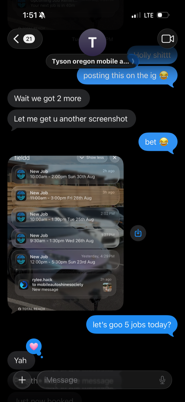 Text from Mobile Auto Shine Society showing five new job booking notifications in one day
