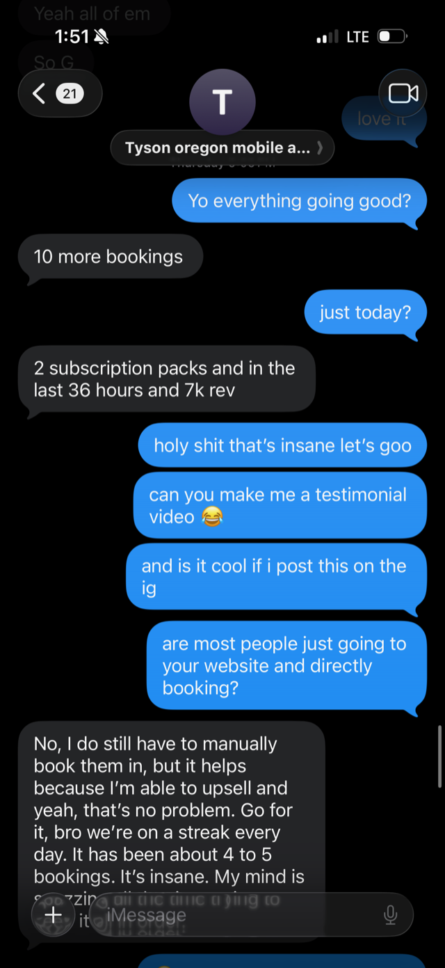 Text from Mobile Auto Shine Society: 10 more bookings, 2 subscription packs and 7k revenue in the last 36 hours